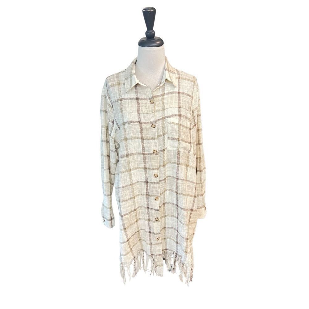 Blue B Women's Plaid Fringe Hem Long Sleeve Button Front Shacket Cream Small NWT